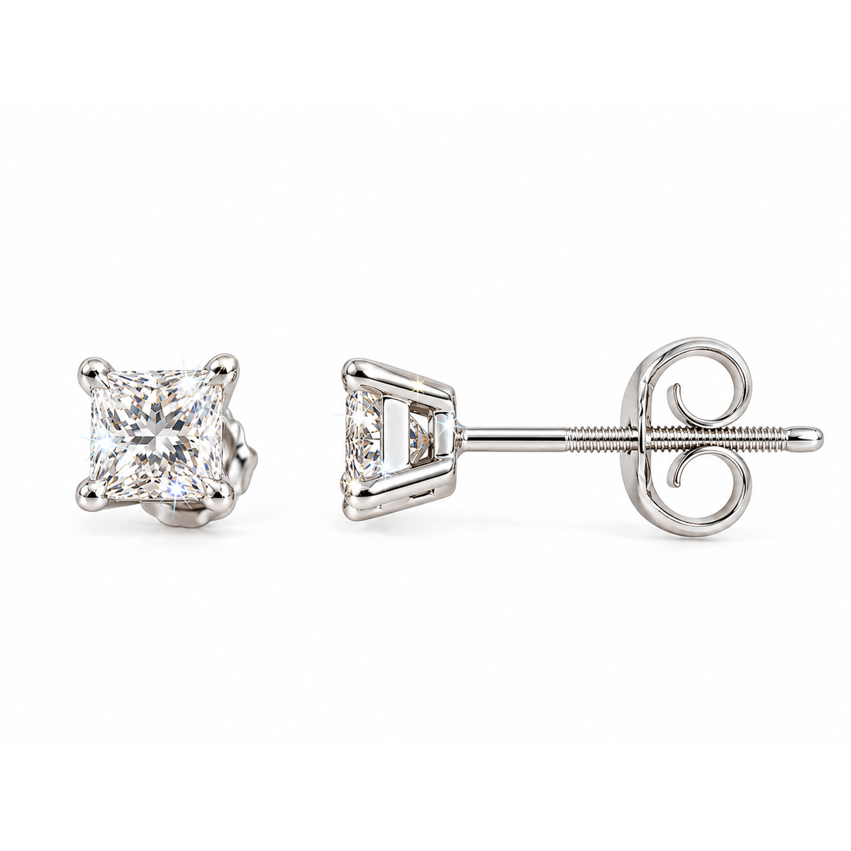 Aretes de Dama Oro Blanco 14k Solitario Princesa con Diamantes Naturales