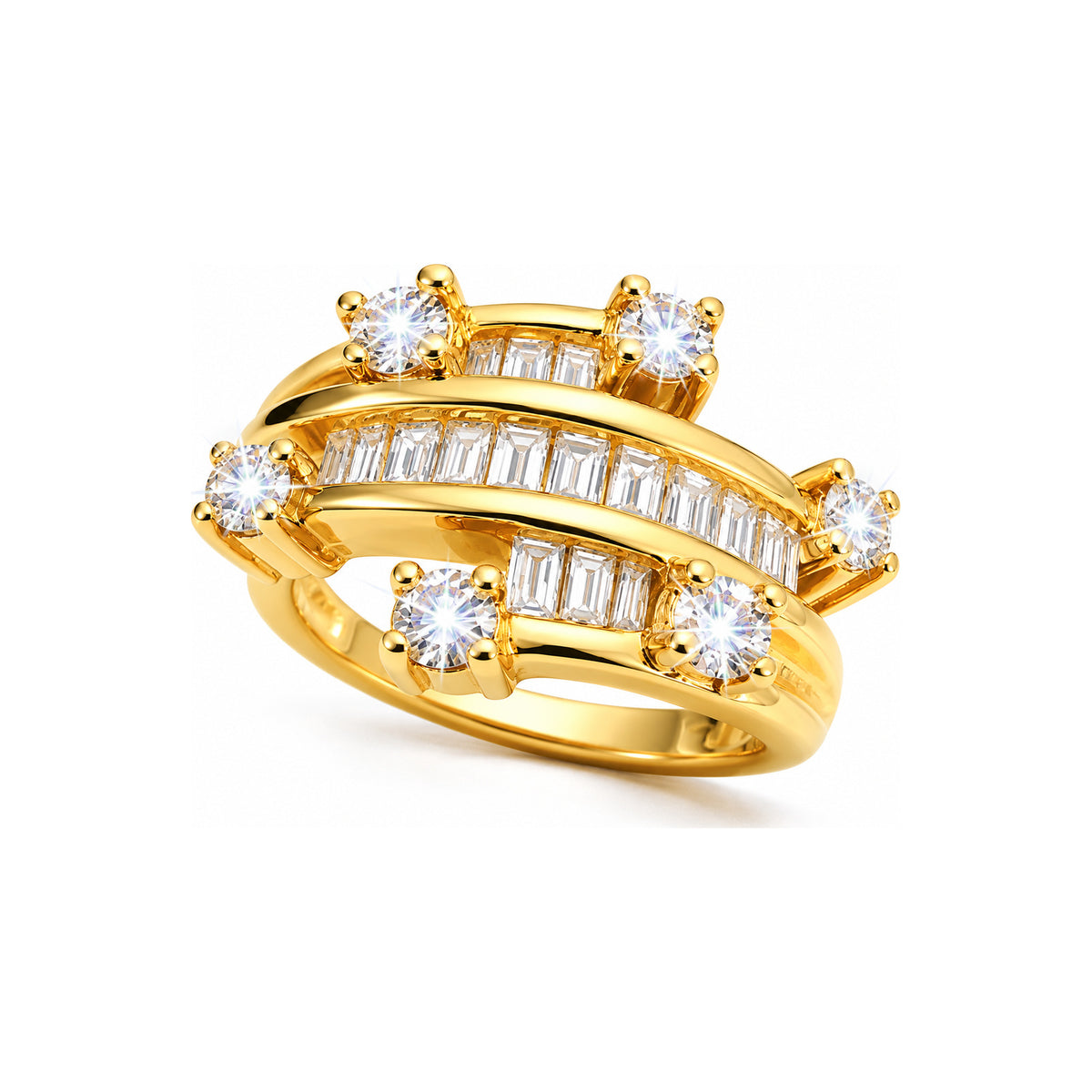 Anillo de Dama Oro 14k Bypass Baguette y Diamantes