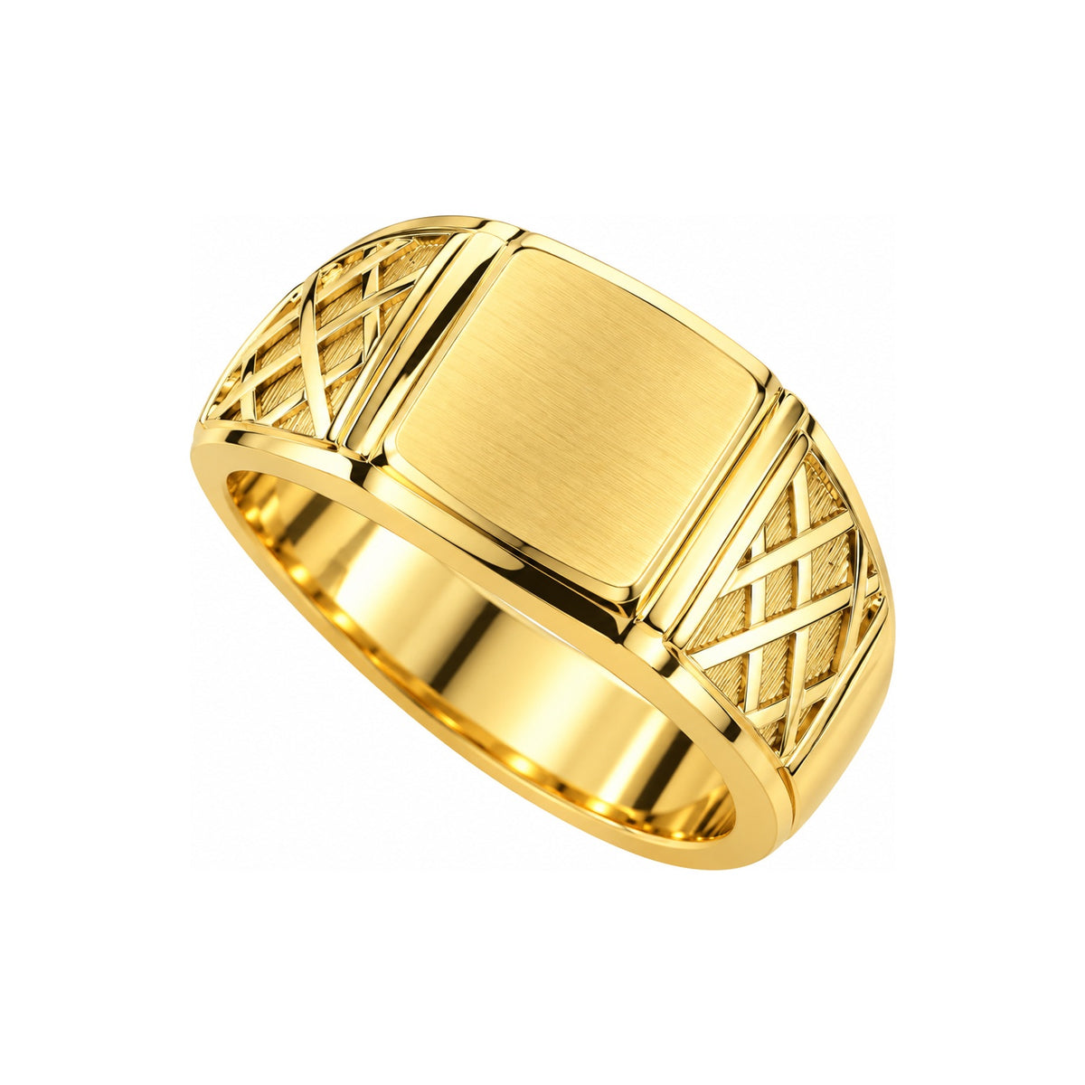 Anillo de Hombre Oro 14k Sello Cuadrado Satinado con Laterales Entrelazados