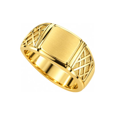 Anillo de Hombre Oro 14k Sello Cuadrado Satinado con Laterales Entrelazados
