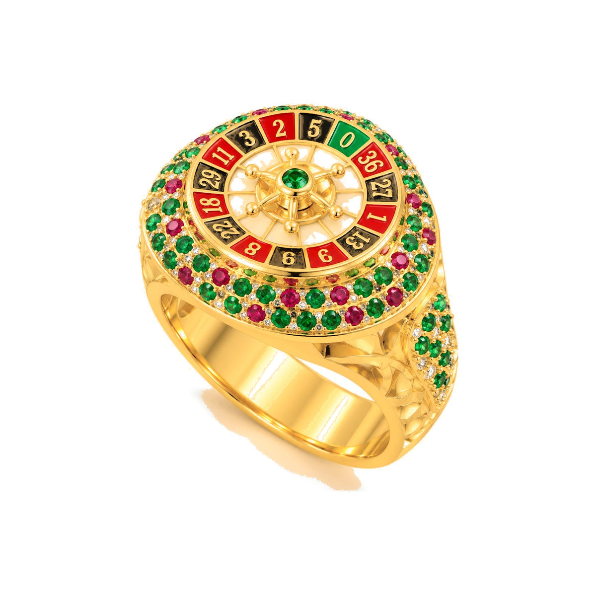 Anillo de Hombre Oro 10k Sello Ruleta de Casino con Circonios de Colores