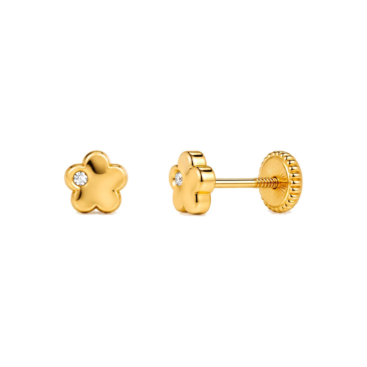 Aretes para Bebé Oro 14k Flor Lisa con Circonio Lateral