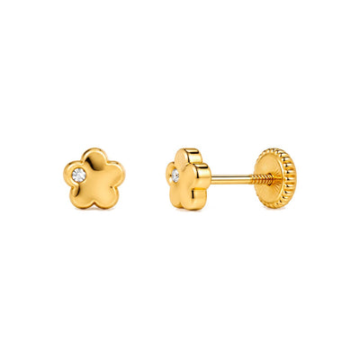 Aretes para Bebé Oro 14k Flor Lisa con Circonio Lateral