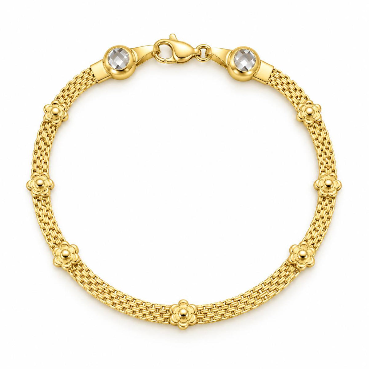 Brazalete Oro 10k Malla con Flores y Circonios