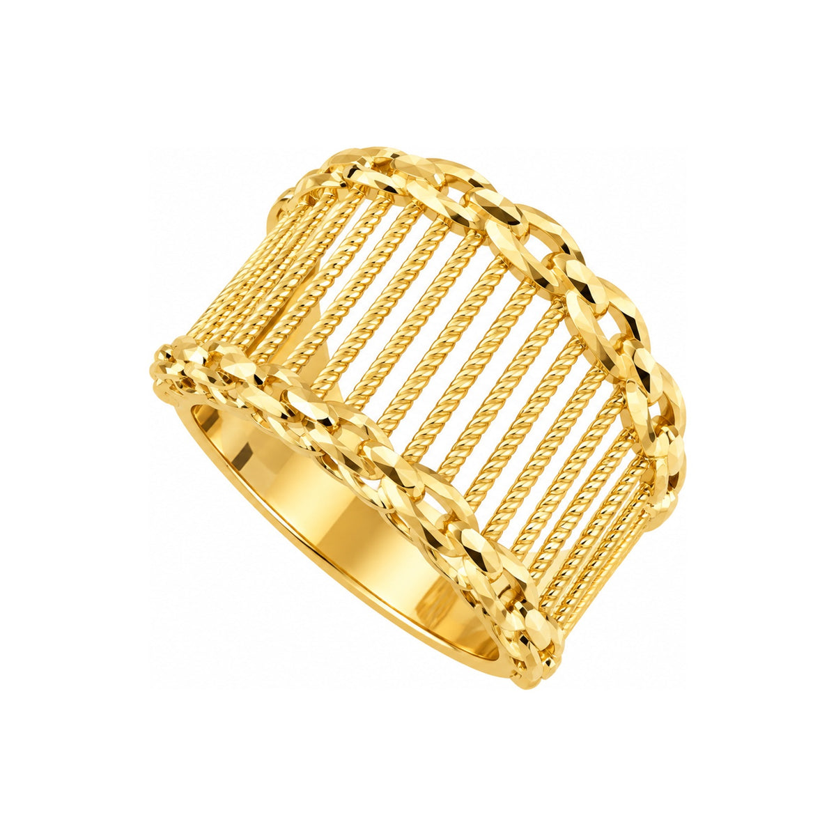 Anillo de Dama Oro 14k Banda Ancha de Hilos Torcidos con Borde de Cadena