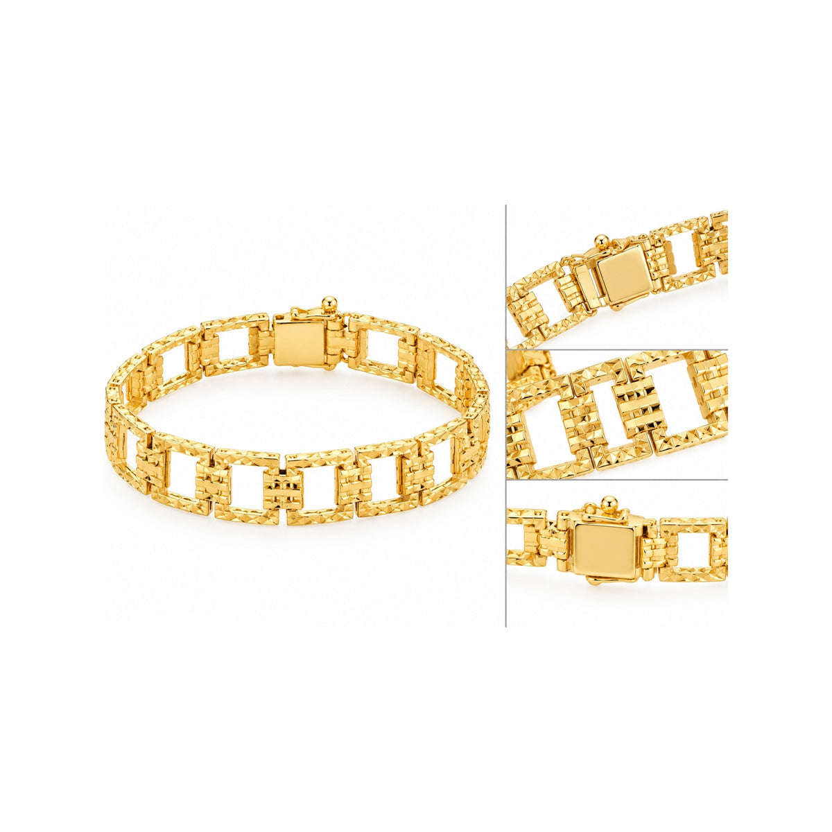 Brazalete de Dama Oro 14k Eslabones Cuadrados Calados Diamantados