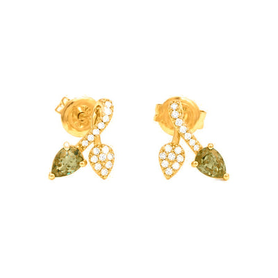 Aretes de Dama Oro 14k Esmeralda Pera con Hoja de Diamantes Naturales