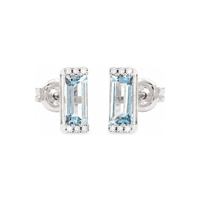 3x9mm Aretes de Dama Oro Blanco 14k Barra de Topacio Azul con Diamantes Naturales