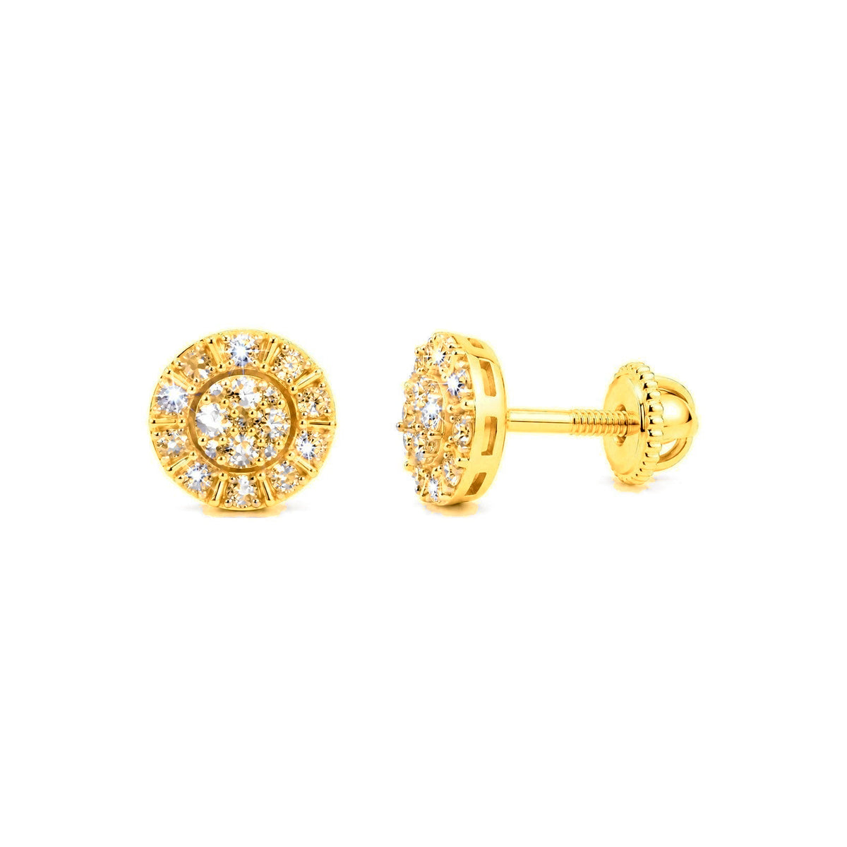 Aretes de Dama Oro 10k Racimo con Halo de Diamantes Naturales y Tornillo