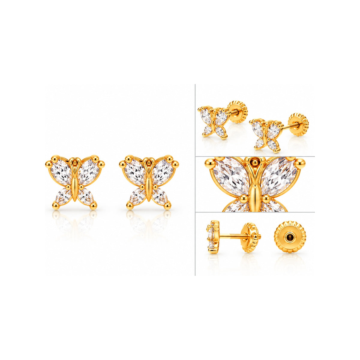 Aretes para Bebé Oro 14k Mariposa de Circonias Marquise y Pera