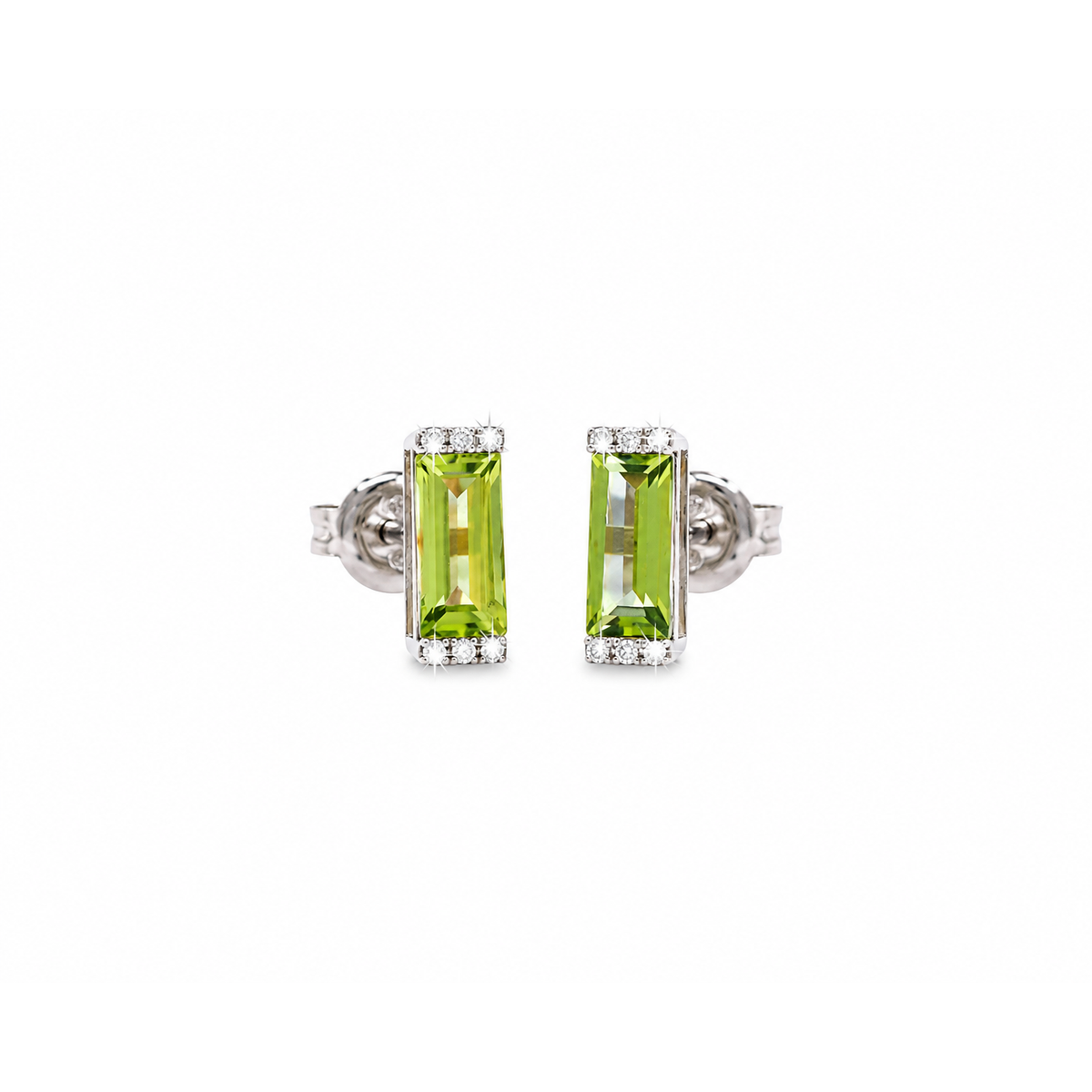 3x9mm Aretes de Dama Oro Blanco 14k Barra de Peridoto con Diamantes Naturales