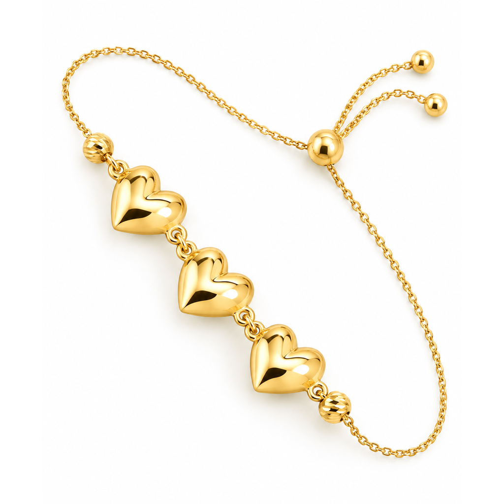 Brazalete de Dama Oro 14k Tres Corazones Ajustable