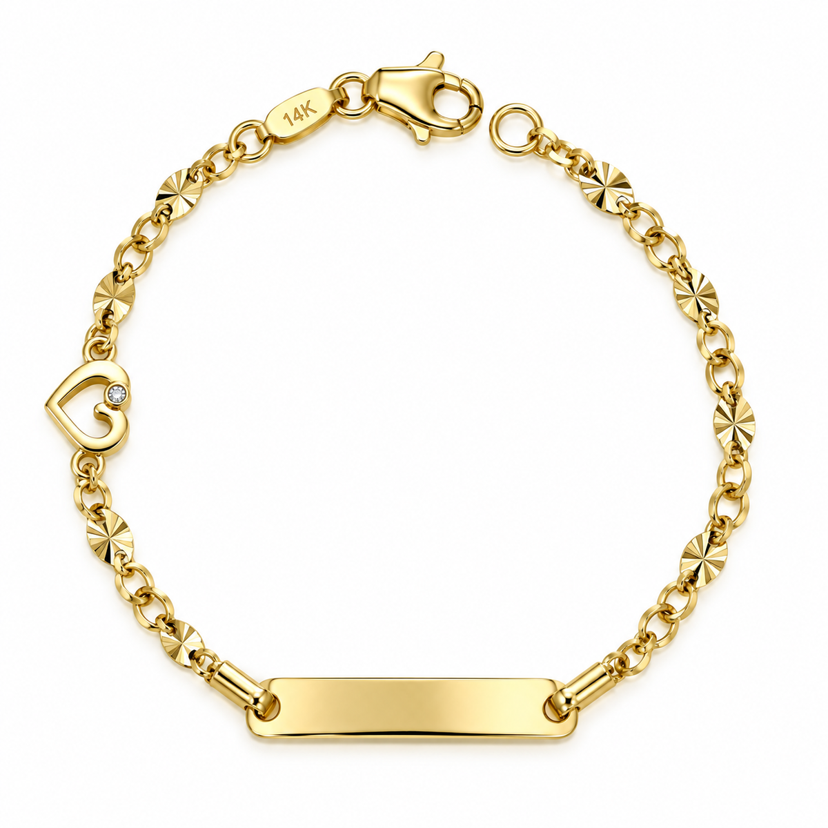 2mm Brazalete Infantil Oro 14k con Placa y Corazón 5.5 Pulgadas