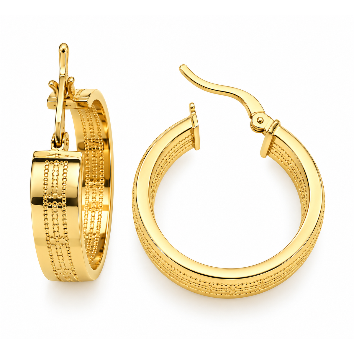 Aretes de Dama Oro 14k Argolla Ancha con Líneas de Bolitas