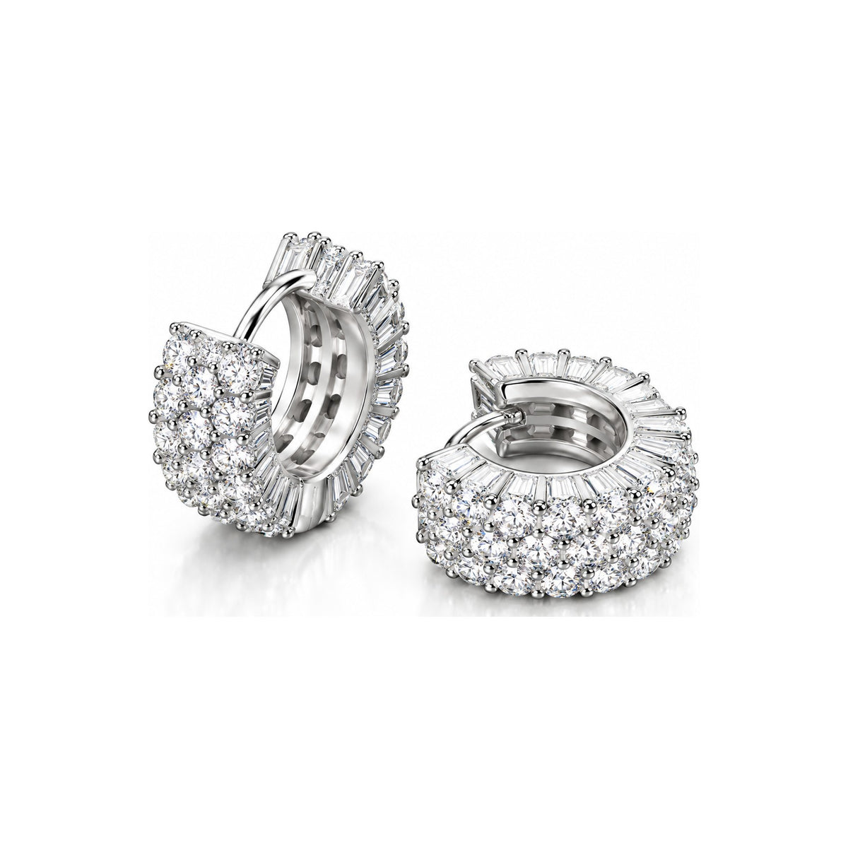 Aretes Aro Tres Filas Baguette Tornillo Moissanite S925