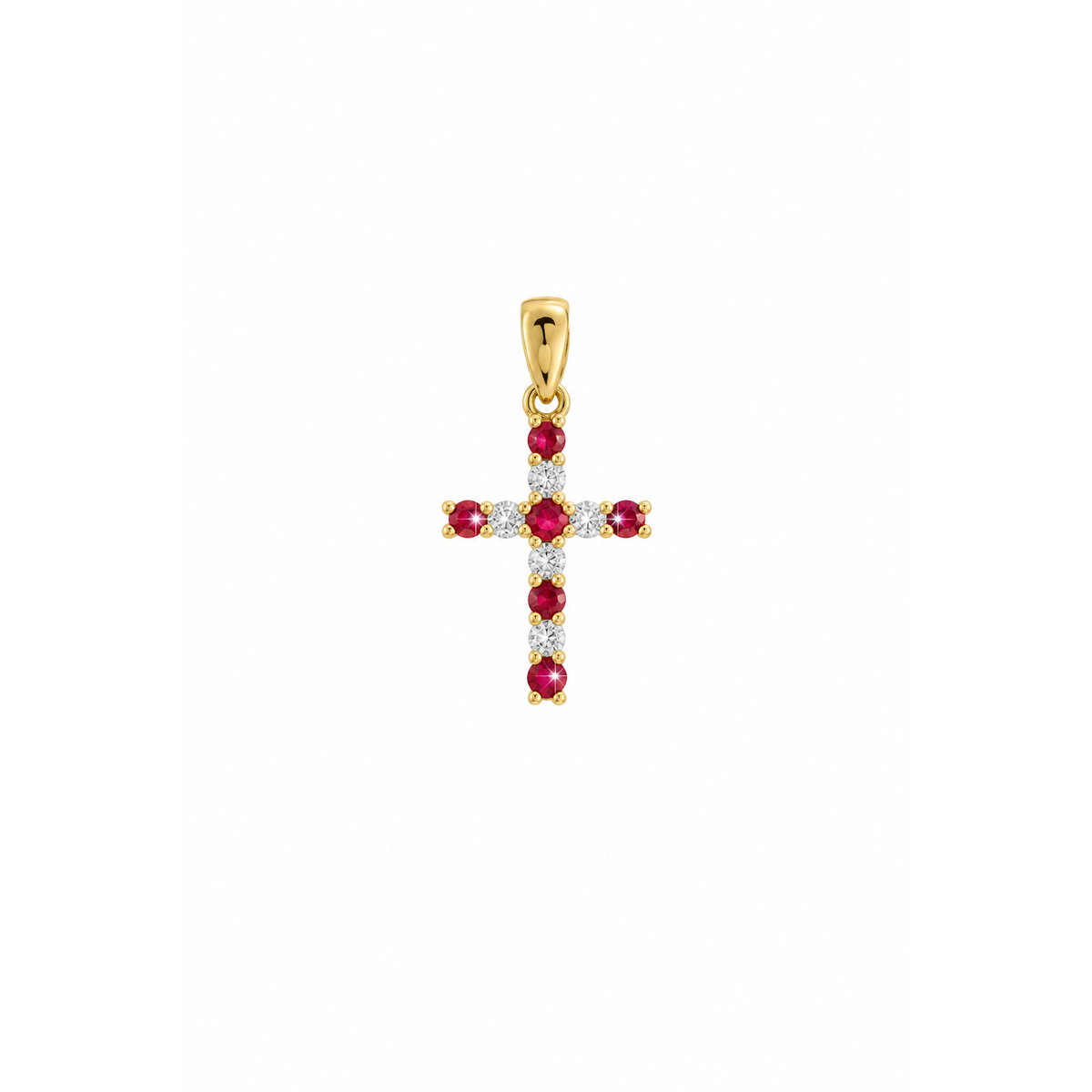 10x18mm Dije Cruz Oro 14k con Circonios Rojos y Blancos