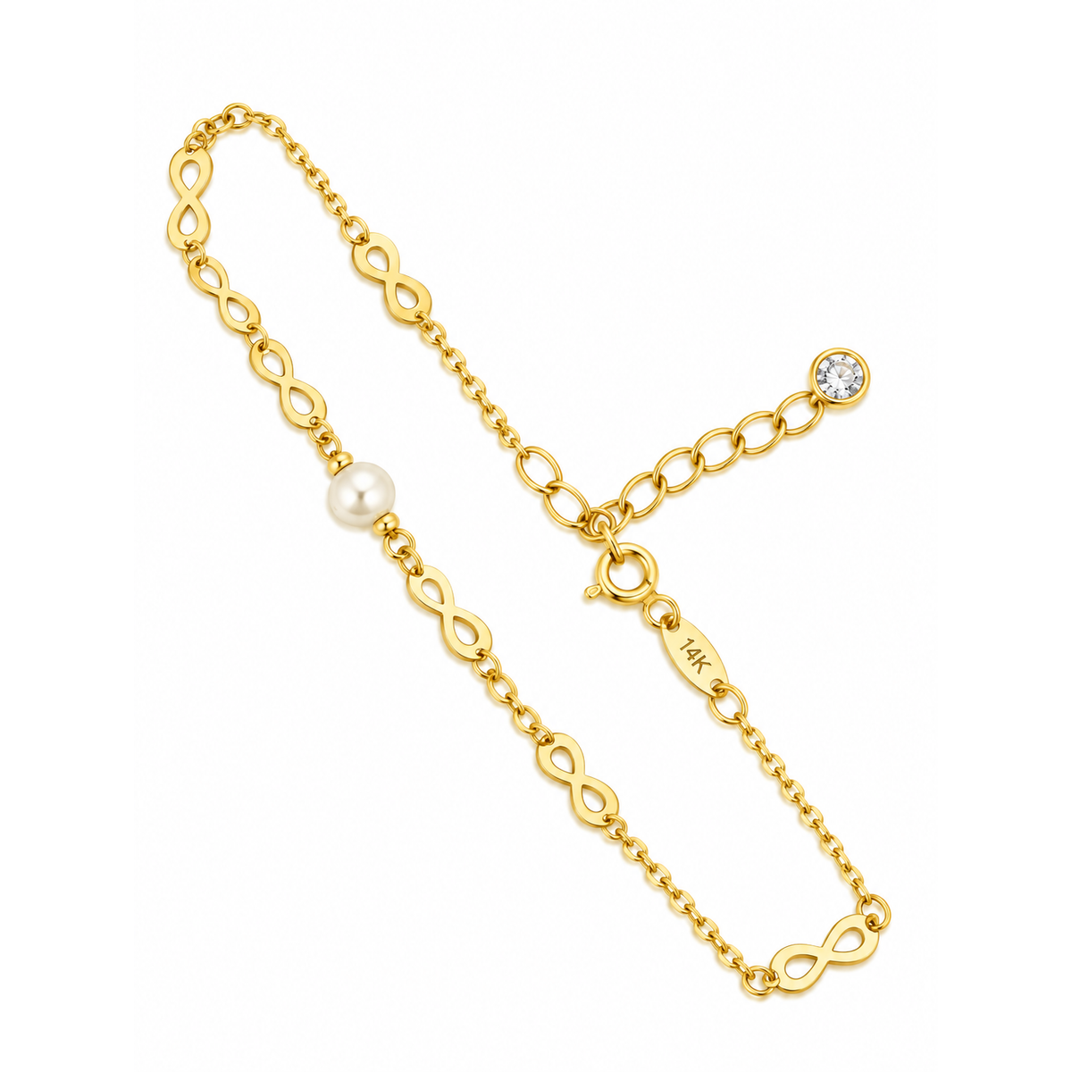 Brazalete de Dama Oro 14k Infinitos con Perla y Circonio