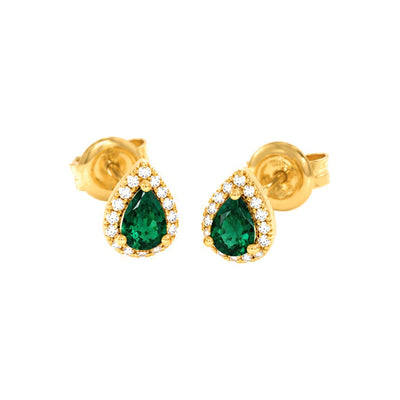 5x6mm Aretes de Dama Oro 14k Esmeralda Pera con Halo de Diamantes Naturales