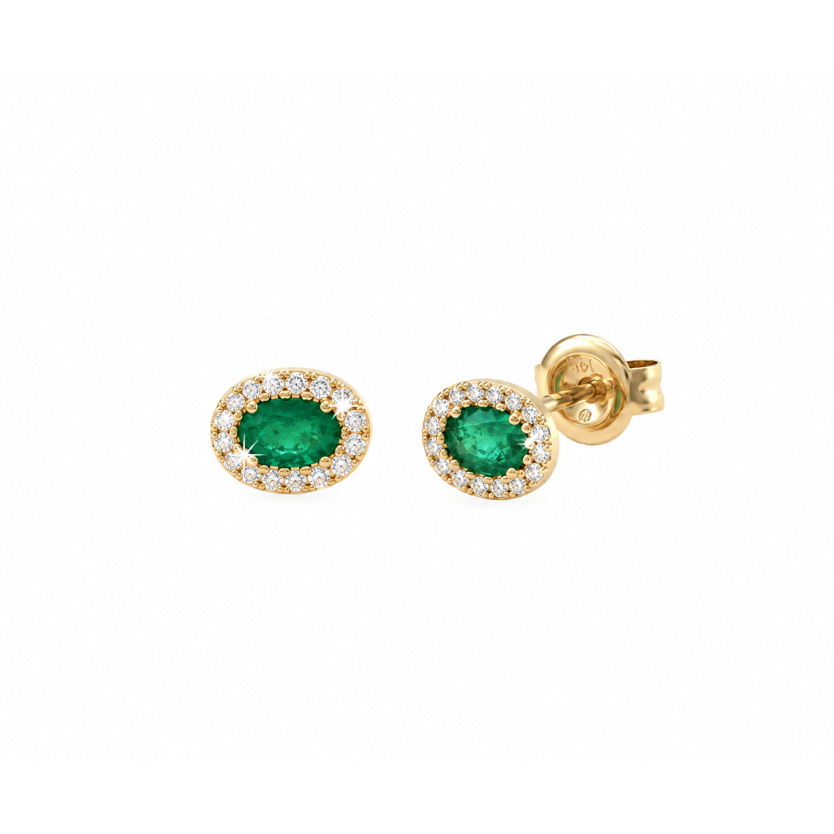 5x6mm Aretes de Dama Oro 14k Esmeralda Ovalada con Halo de Diamantes Naturales