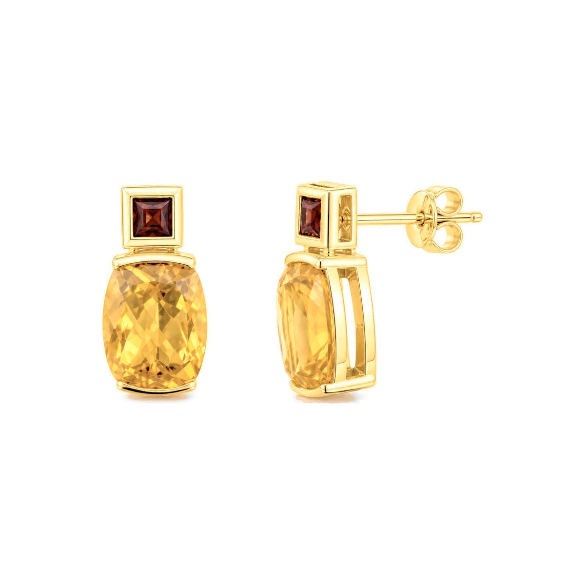 Aretes de Dama Oro 14k Citrino Cojín con Granate Cuadrado