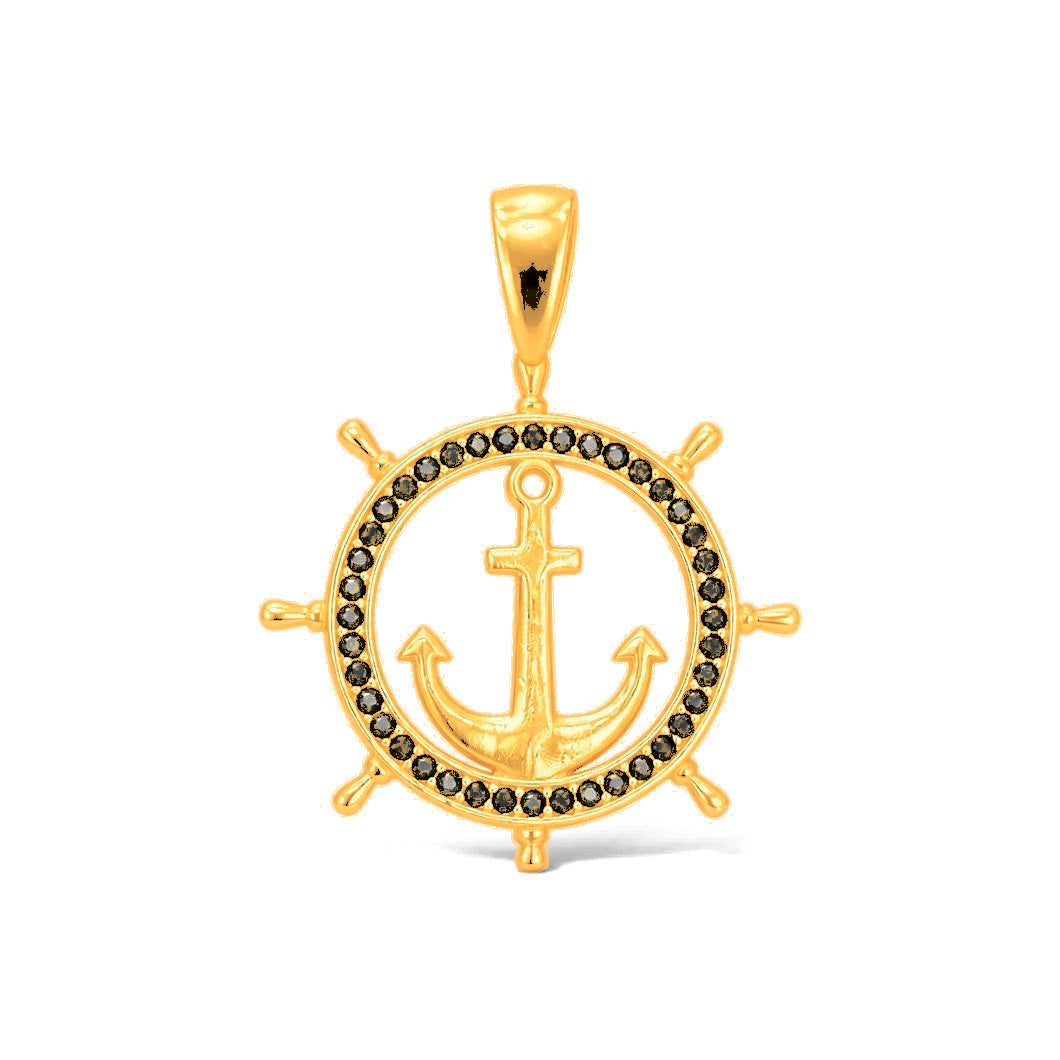 Dije Timón con Ancla Oro 14k y Circonios Negros