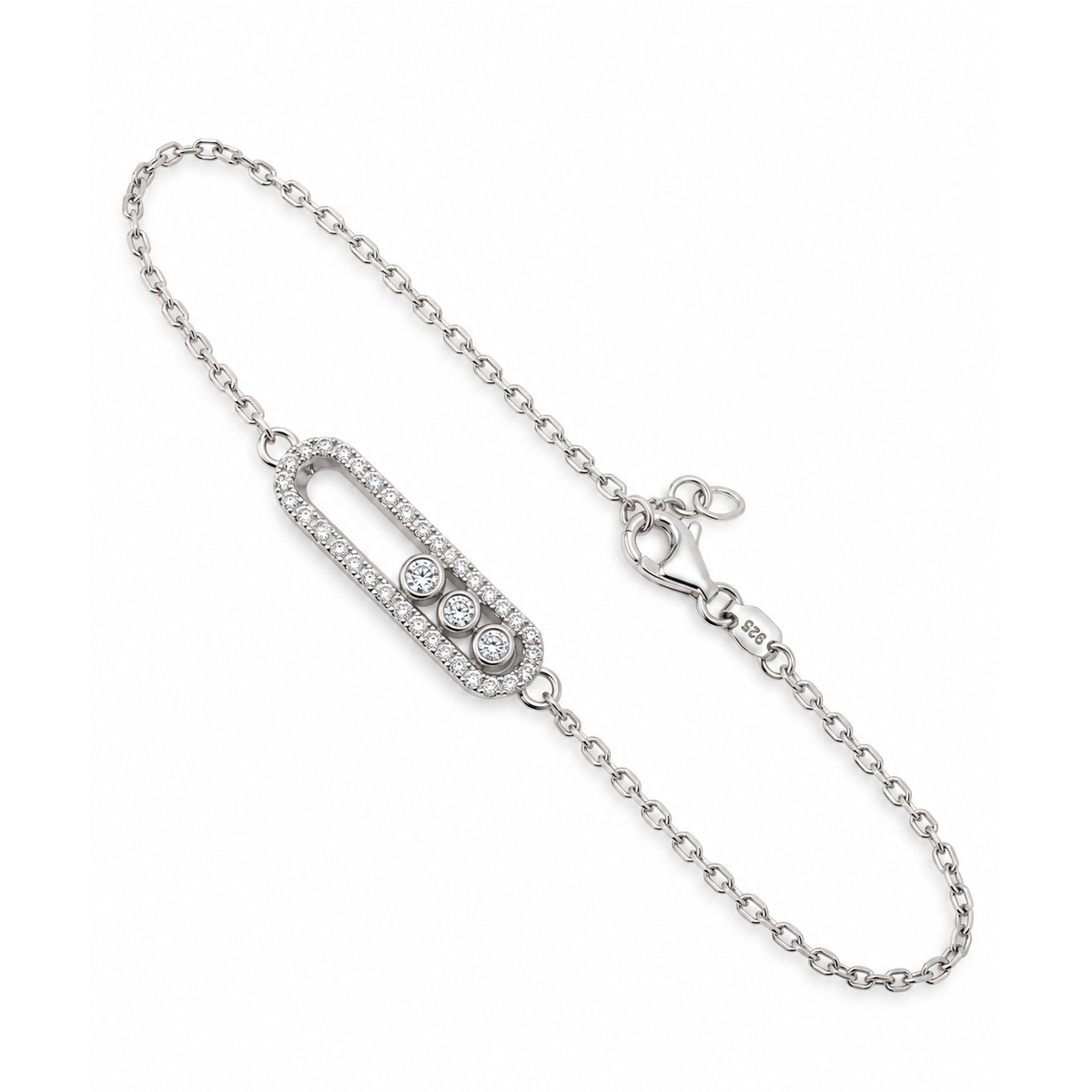 Brazalete de Dama Oro Blanco 14k Óvalo con Circonios y Cadena Fina