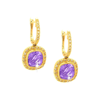 11x22mm Aretes de Dama Oro 14k Colgantes Cuadrados con Amatista y Diamantes Naturales