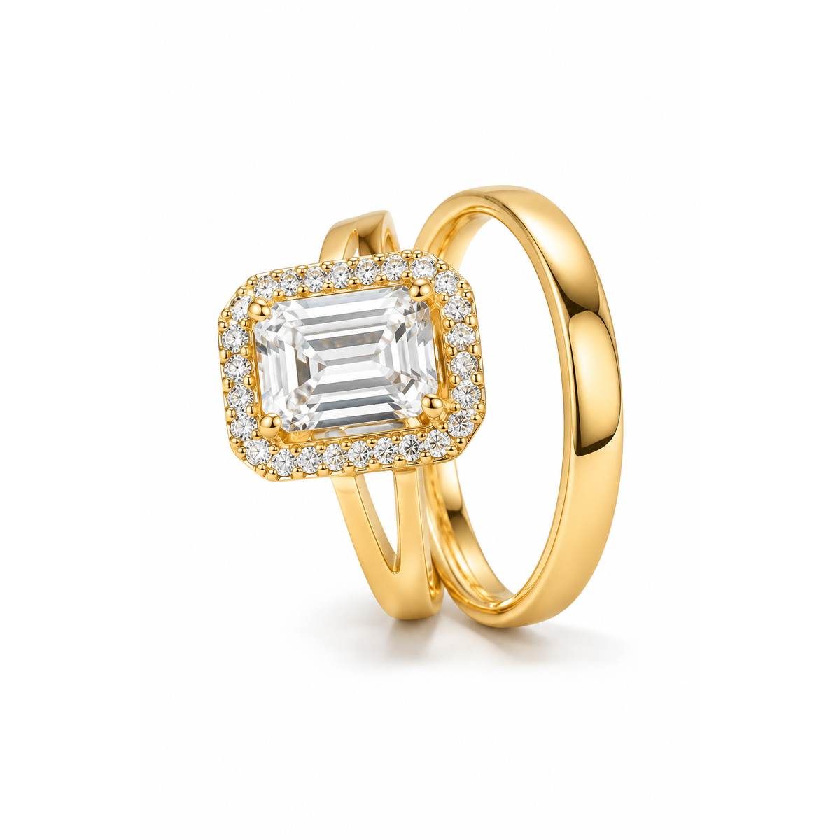 Set Anillo Matrimonio Oro 10k Corte Esmeralda Halo y Banda Lisa