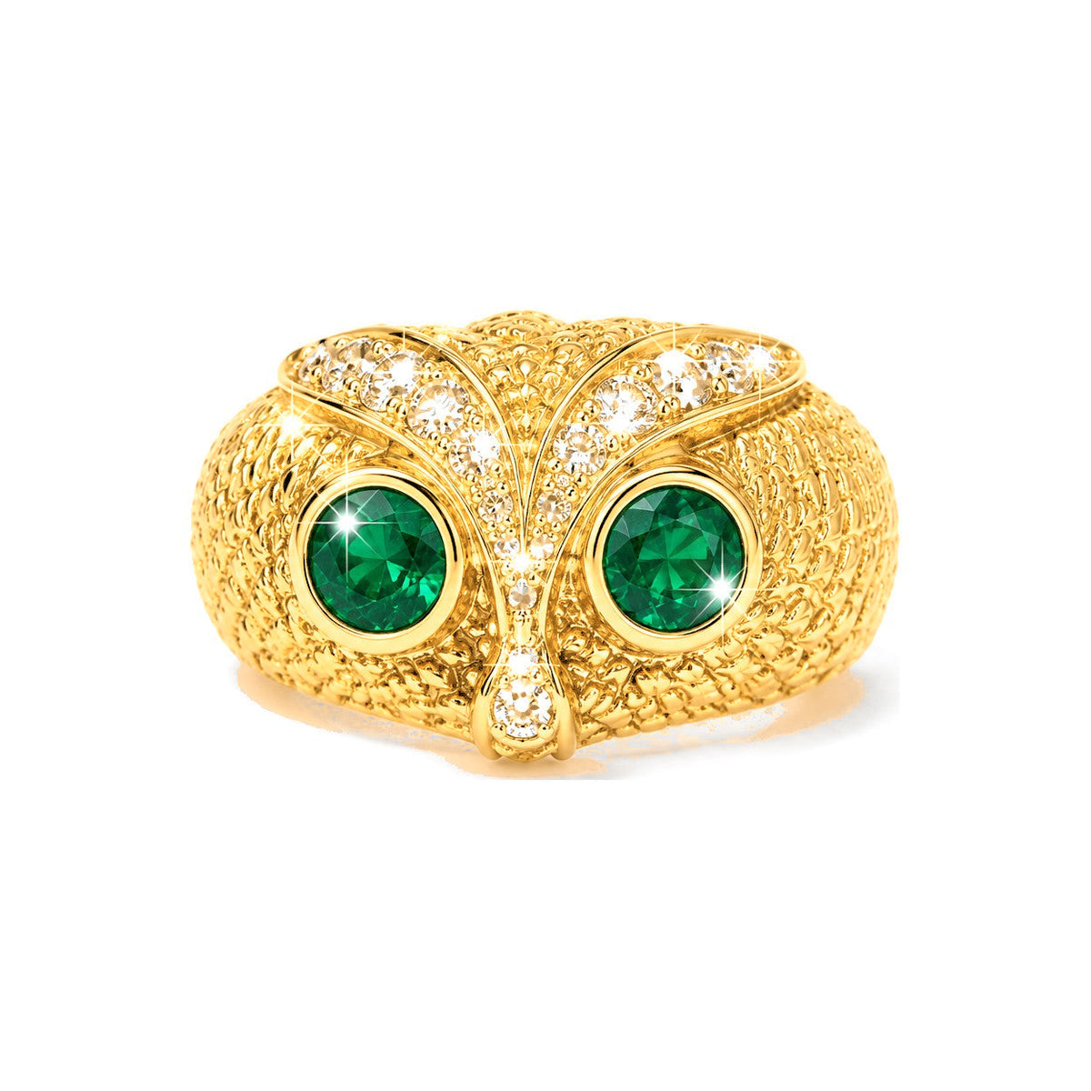 Anillo de Dama Oro 14k Búho con Diamantes Naturales y Esmeraldas