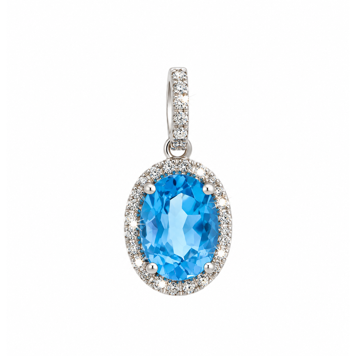 Dije Topacio Azul Ovalado Oro Blanco 14k con Halo de Diamantes Naturales