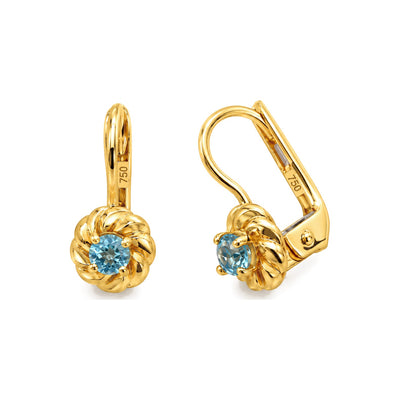 Aretes de Dama Oro 18k Flor de Soga con Circonio Celeste