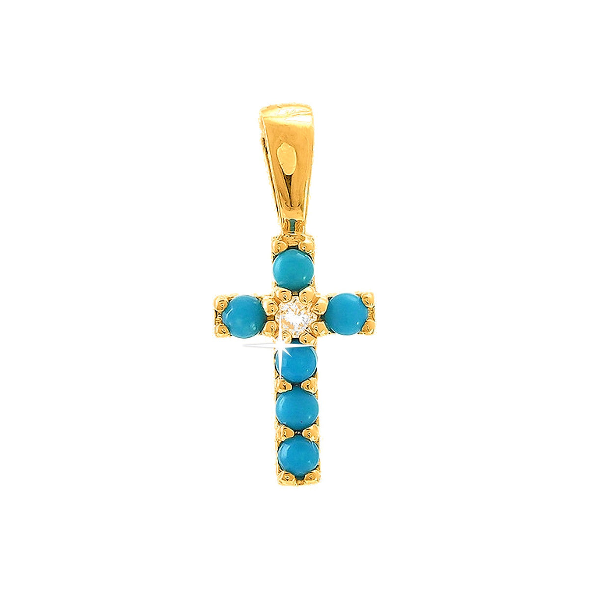 6x9mm Dije Oro 14k Cruz Pavé con Turquesa y Diamantes Naturales