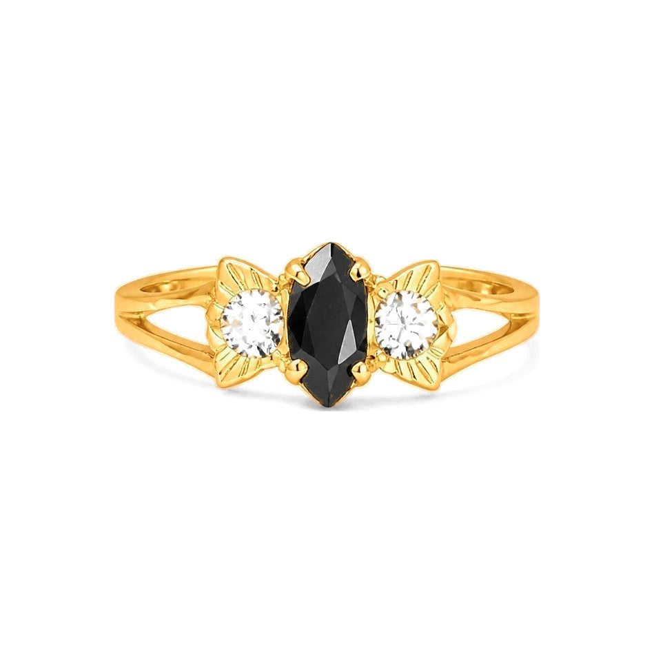 Anillo de Dama Oro 10k Circonia Negra Marquesa con Hombros Tallados
