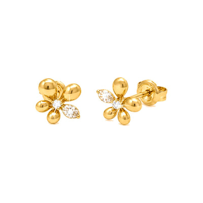 9mm Aretes de Dama Oro 14k Flor de Pétalos Lisos con Diamantes Naturales