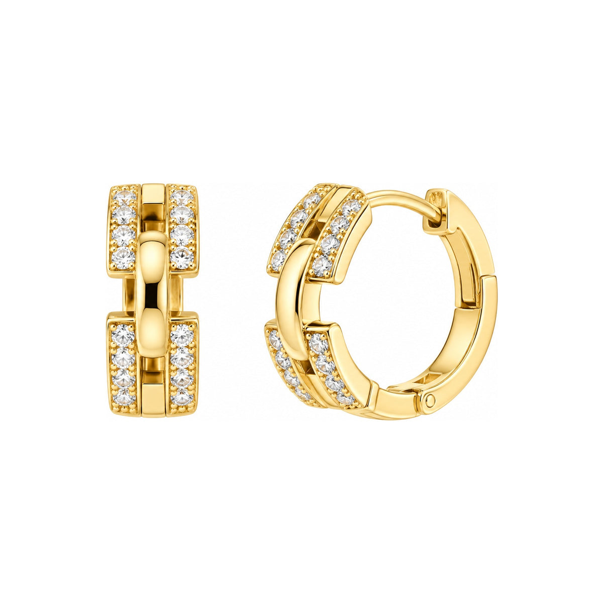 Aretes de Dama Oro 14k Huggie Eslabón con Pavé de Circonios