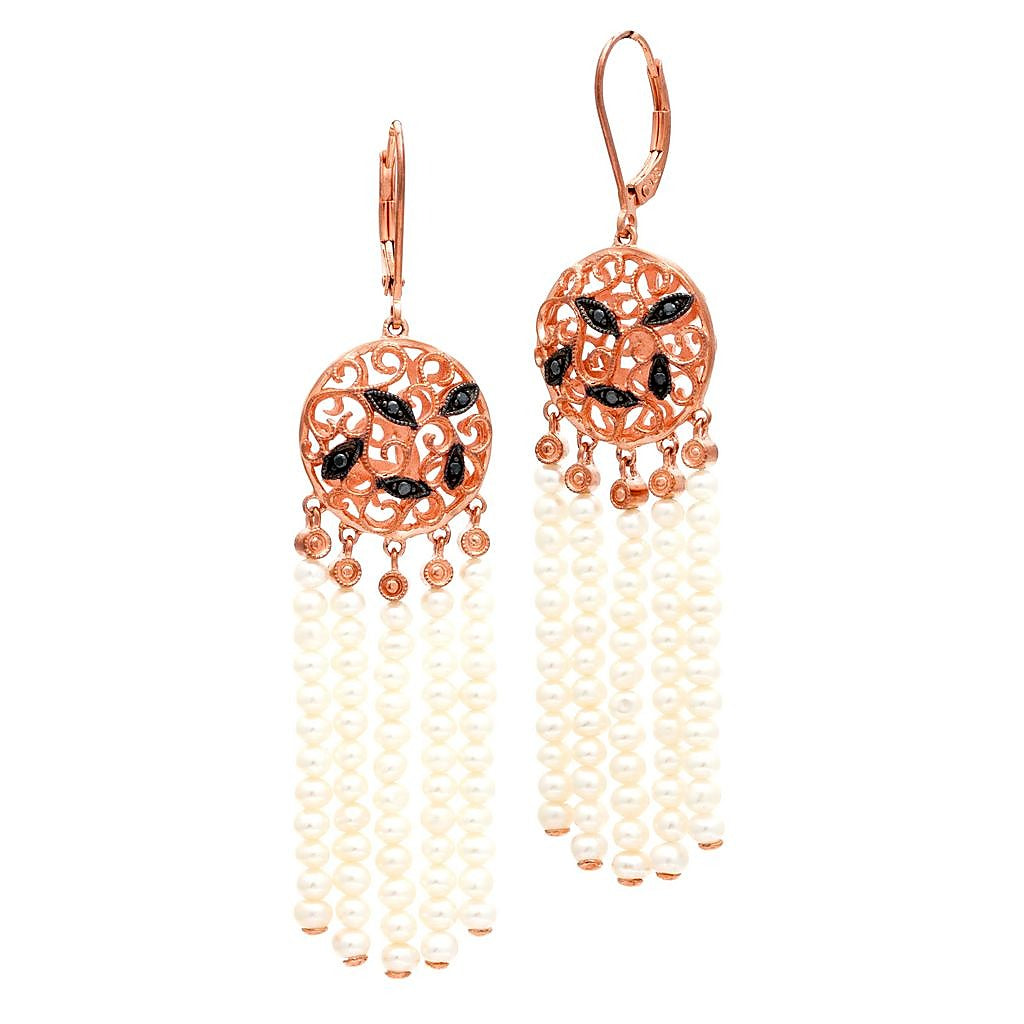 Aretes de Dama Plata 925 Candelabro Oro Rosa con Flecos de Perlas