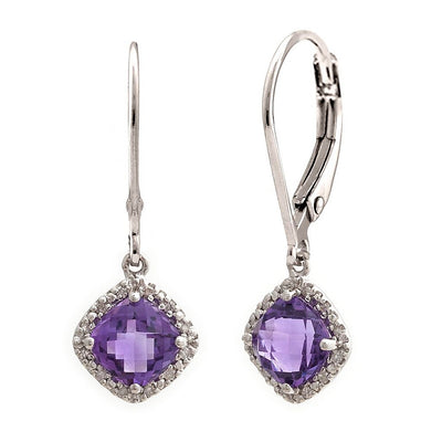 Pre Orden - Aretes de Dama Plata 925 Colgantes Amatista Cojín con Halo