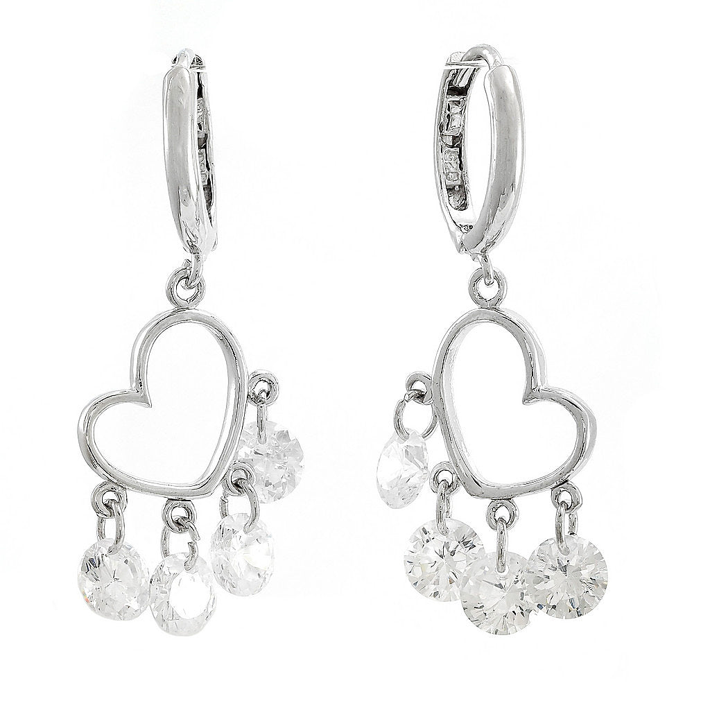 Aretes de Dama Plata 925 Colgantes Corazón con Circonios Flotantes