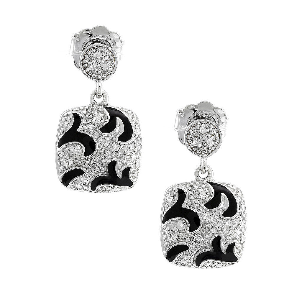 Aretes de Dama Plata 925 Colgantes Cuadrados Esmalte Negro y Circonios