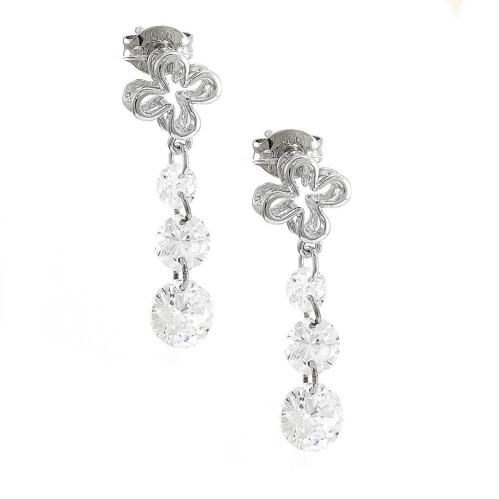 Aretes de Dama Plata 925 Colgantes Flor con Circonios en Cascada