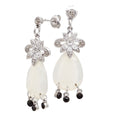 Aretes de Dama Plata 925 Colgantes Flor con Gota Blanca y Cuentas Negras