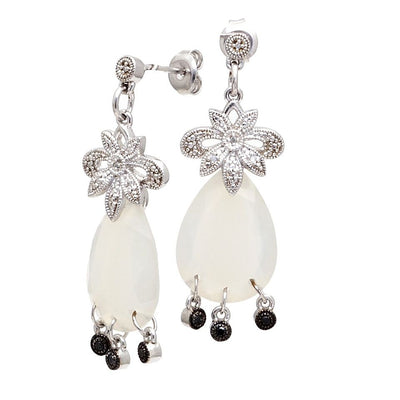 Pre Orden - Aretes de Dama Plata 925 Colgantes Flor con Gota Blanca y Cuentas Negras