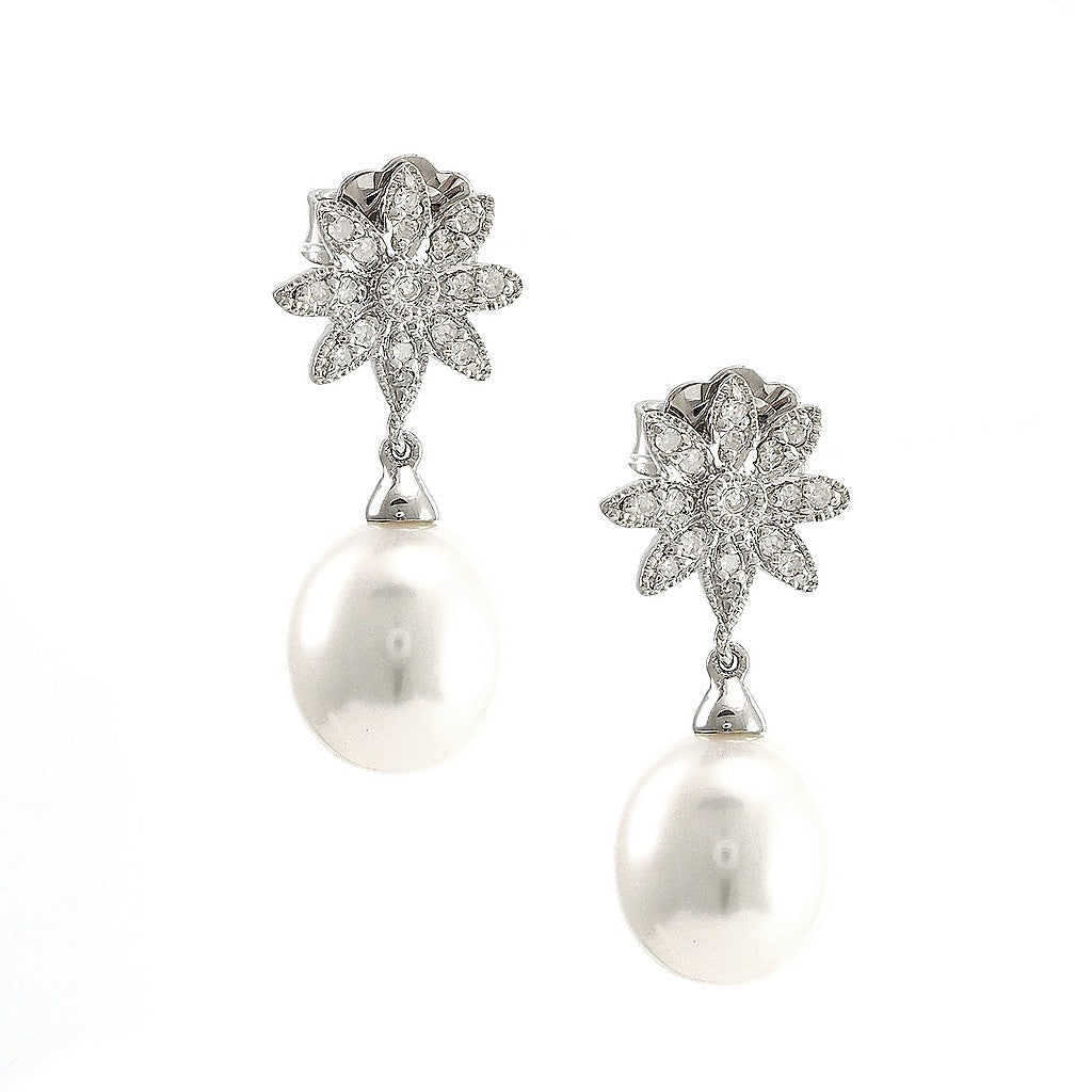 Aretes de Dama Plata 925 Colgantes Flor Grande con Perla