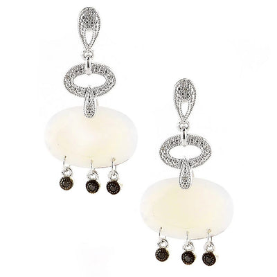 Pre Orden - Aretes de Dama Plata 925 Colgantes Ovalados con Piedra Blanca Opaca y Cuentas Negras
