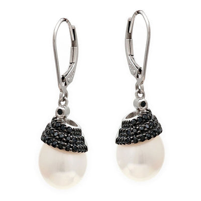 Pre Orden - Aretes de Dama Plata 925 Colgantes Perla con Capuchón de Circonios Negros