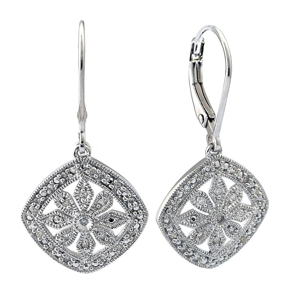 Aretes de Dama Plata 925 Colgantes Rombo Flor Calada con Circonios