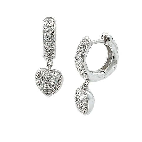 Aretes de Dama Plata 925 Huggie con Corazón Pavé Colgante