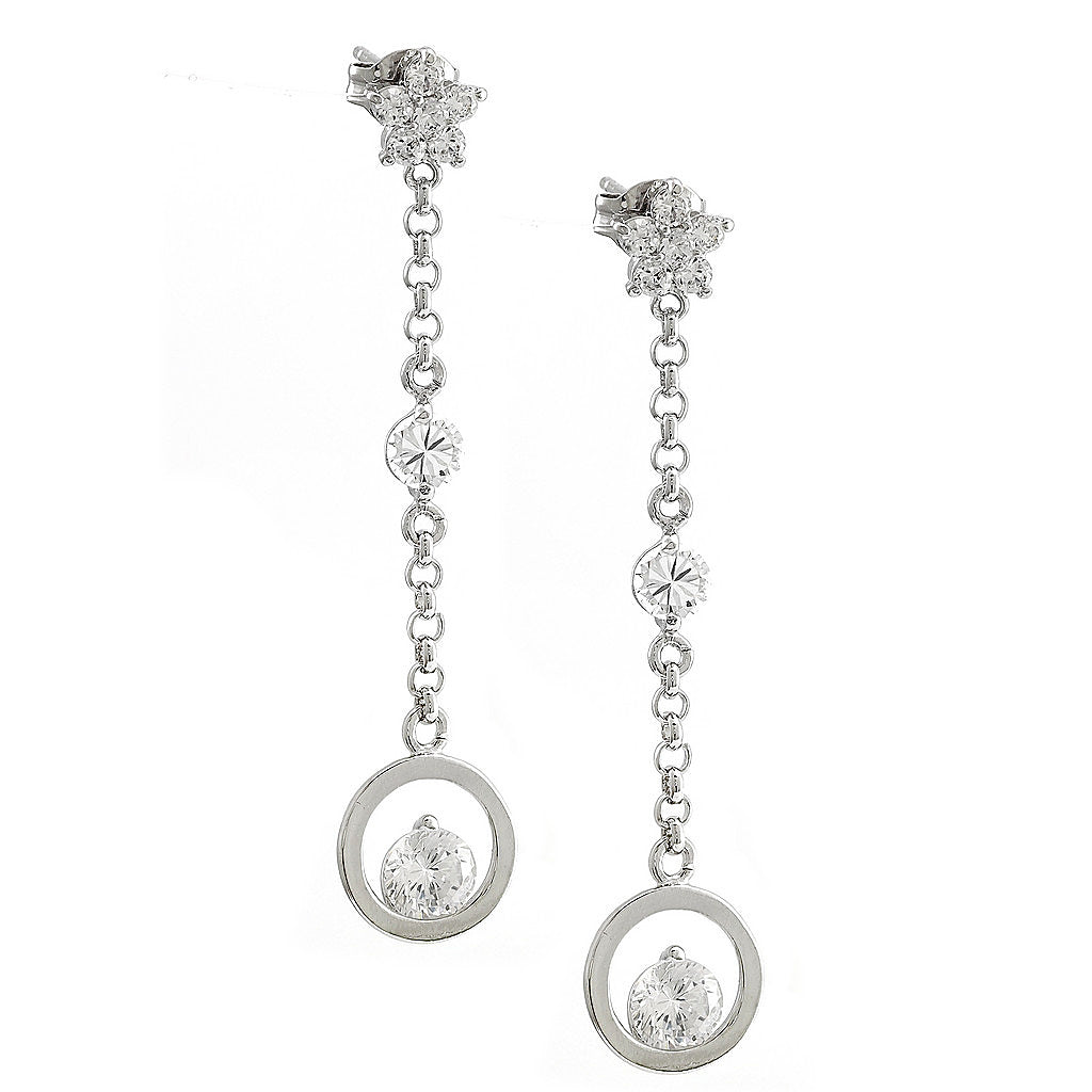 Aretes de Dama Plata 925 Largos Cadena con Aro y Circonio