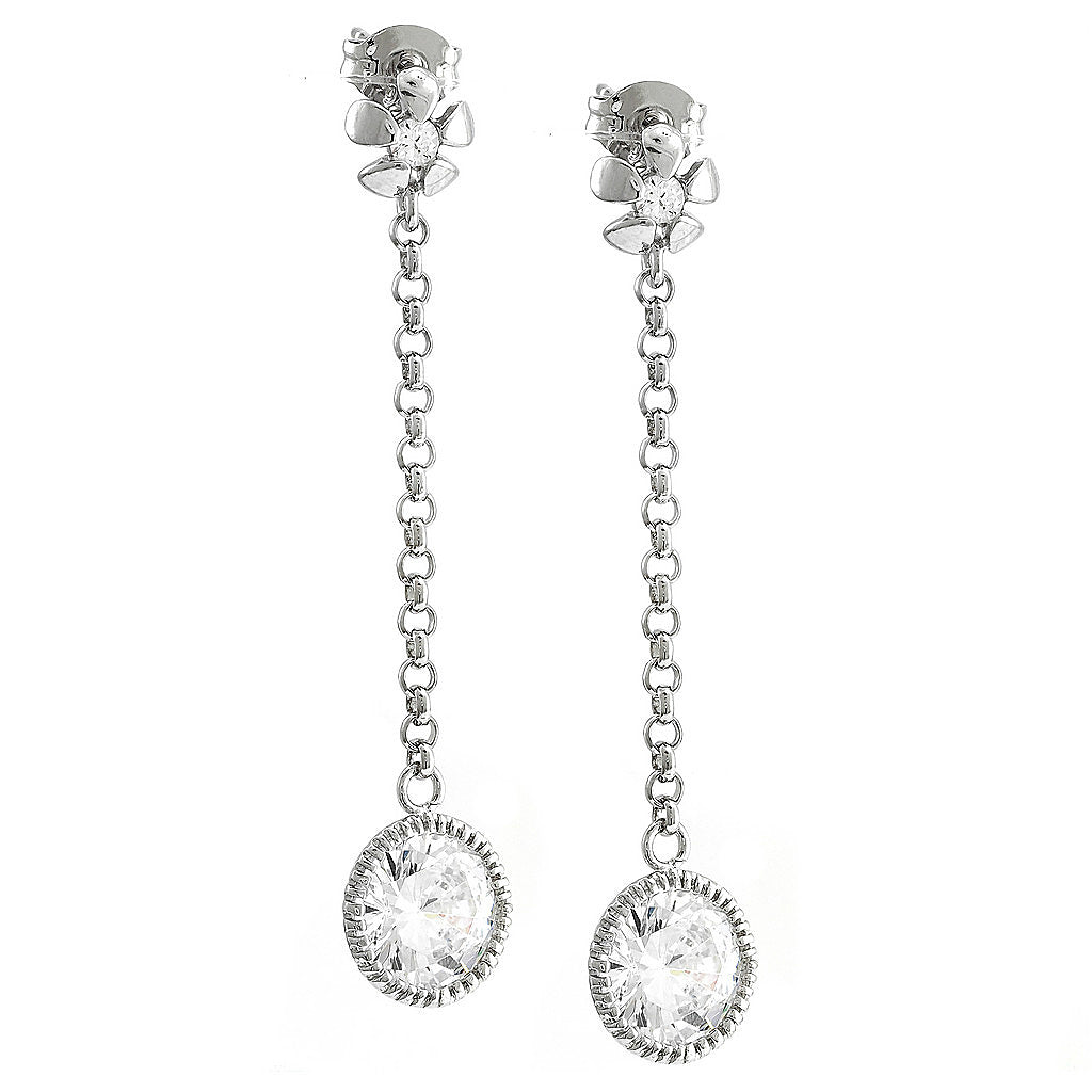 Aretes de Dama Plata 925 Largos Cadena con Circonio Redondo Colgante