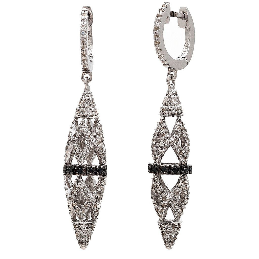 Aretes de Dama Plata 925 Largos Calados con Circonios Blancos y Negros